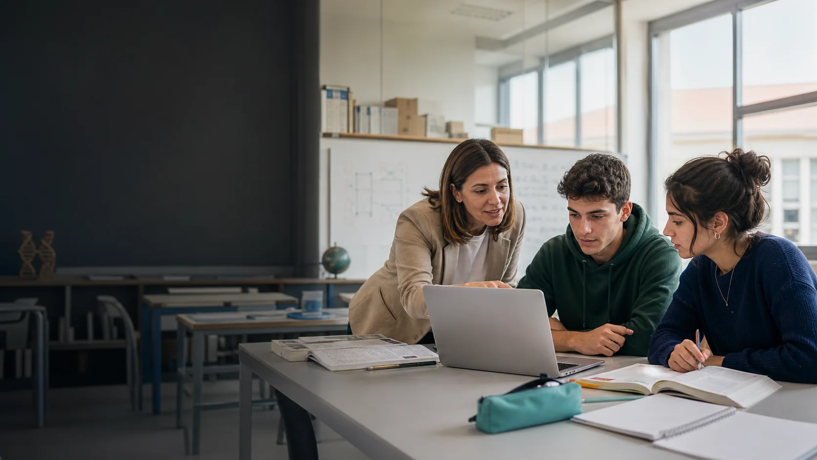 Una docente e due studenti di scuola superiore lavorano insieme al computer
