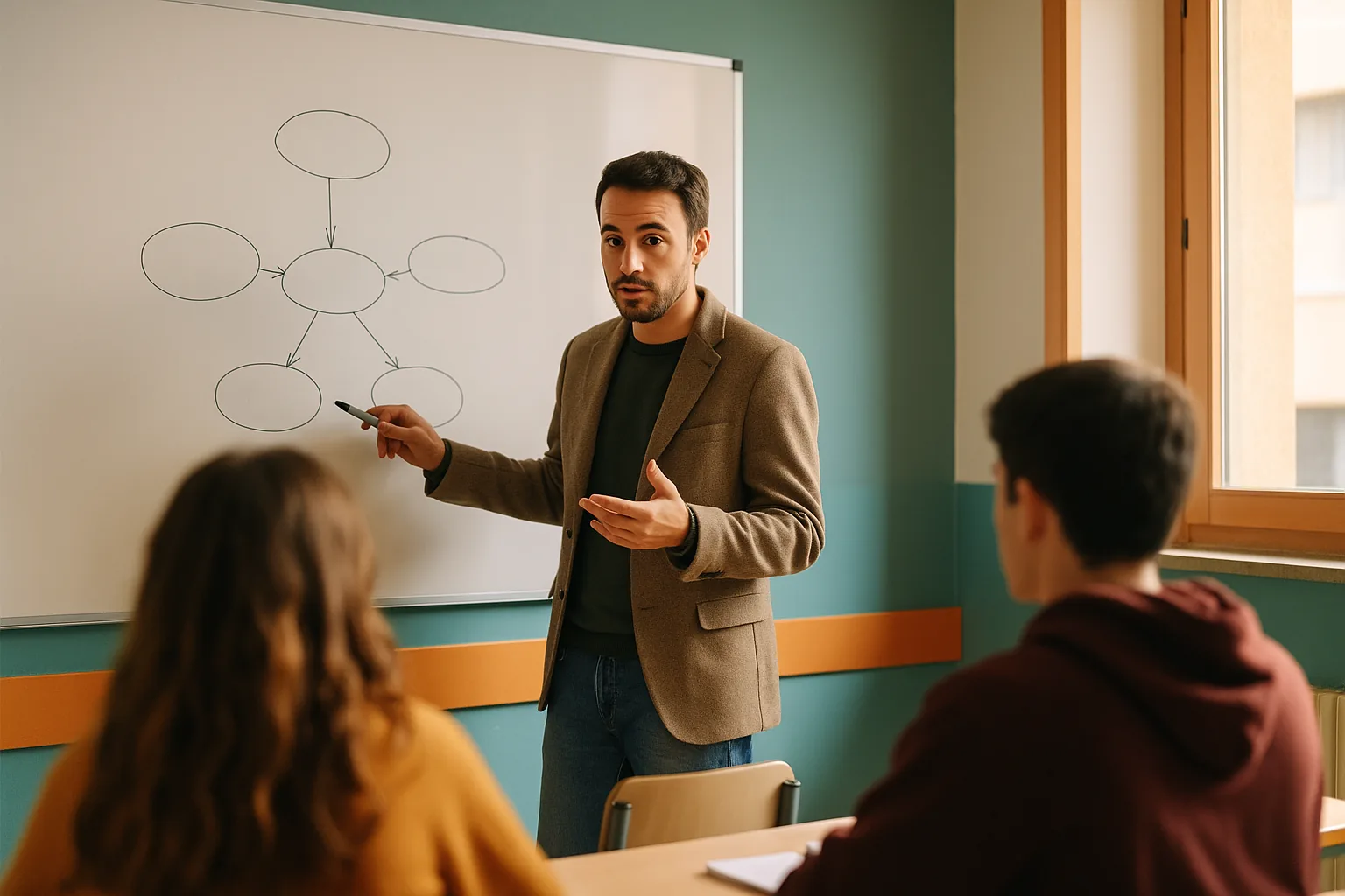 Un docente spiega una mappa concettuale alla lavagna davanti alla sua classe